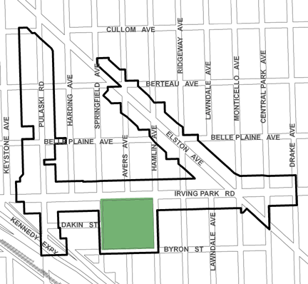 Irving/Elston TIF district, roughly bounded on the north by Cullom Avenue, Byron Street on the south, Drake Avenue on the east, and Keystone Avenue on the west.